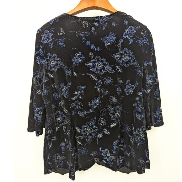 Studio 1940 Plus Velvet Floral Top 18/20W Black Blue Scoop Neck Blouse Babydoll - Picture 2 of 4